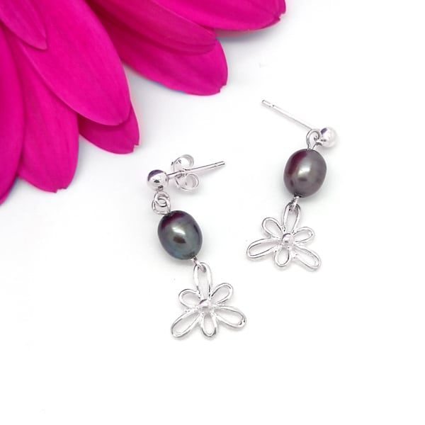 Sterling Silver Iris Pearl Drop Earrings