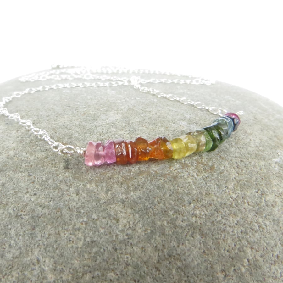 Sterling Silver and Rainbow Tourmaline Necklace, Gemstone Jewellery, Bar Pendant