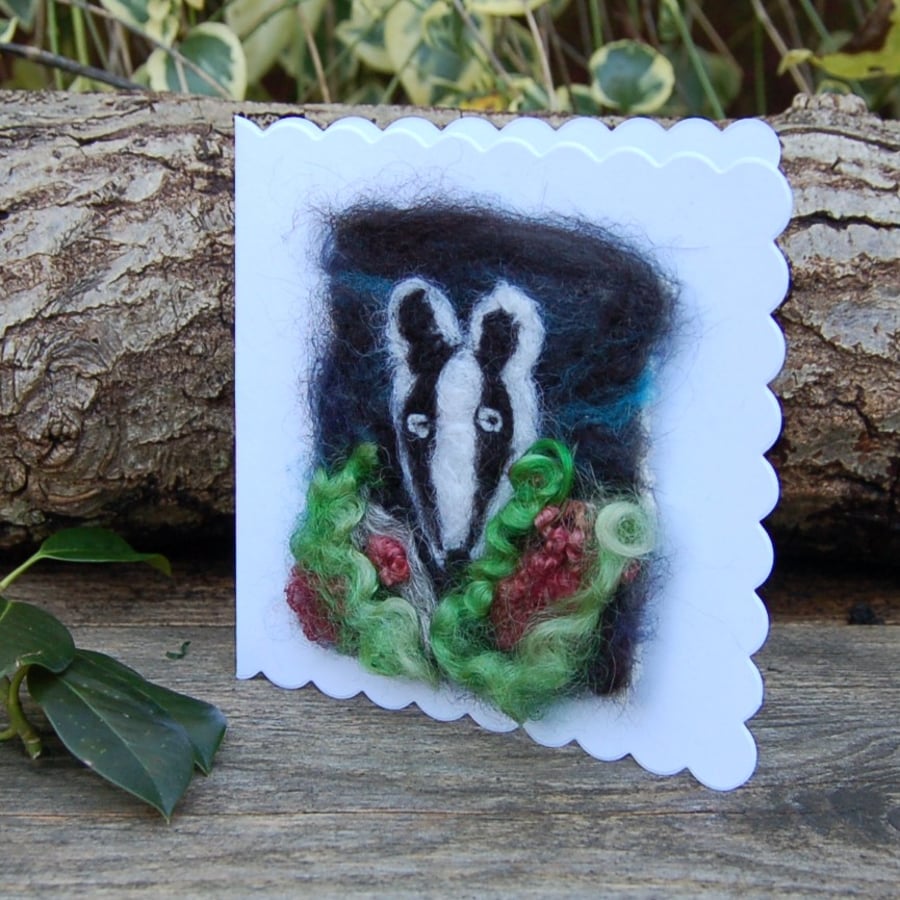 Birthday card. Needle felt Badger. Blank greetings card with Badger design