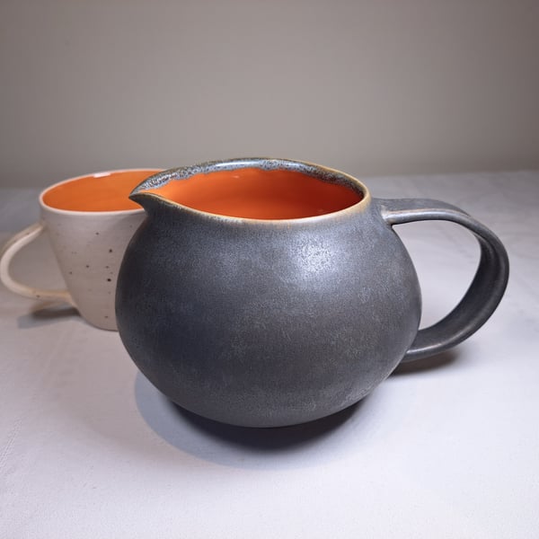 HAND MADE CERAMIC JUG - stoneware, glazed in burnt orange and charcoal