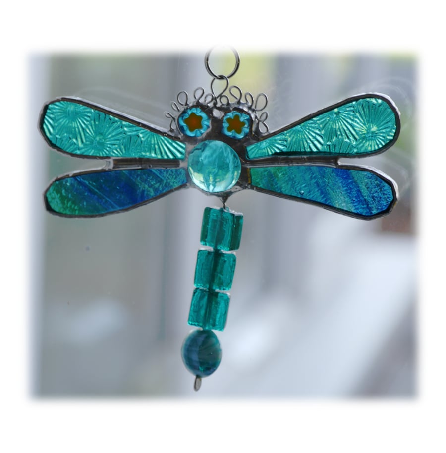 Dragonfly Suncatcher Stained Glass Teal Bead-Tailed 029