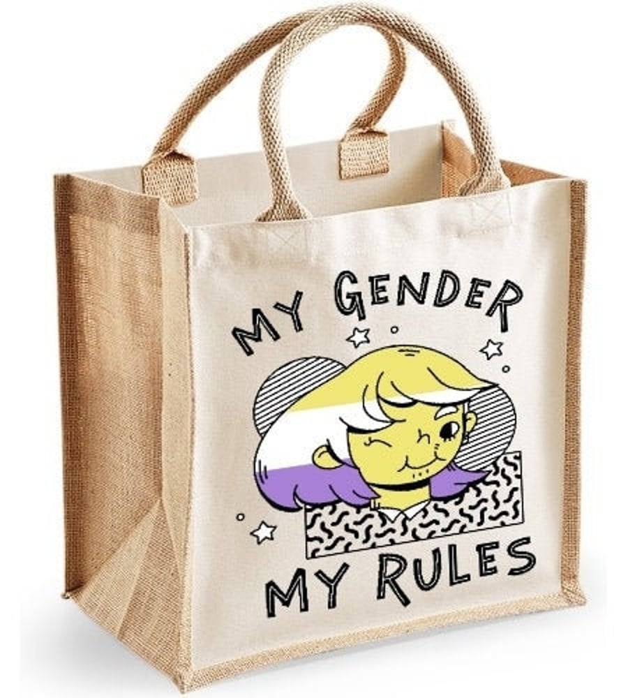 My Gender My Rules Midi Jute Shopper Lunch Bag LGBT Non Binary Eco-friendly Gift