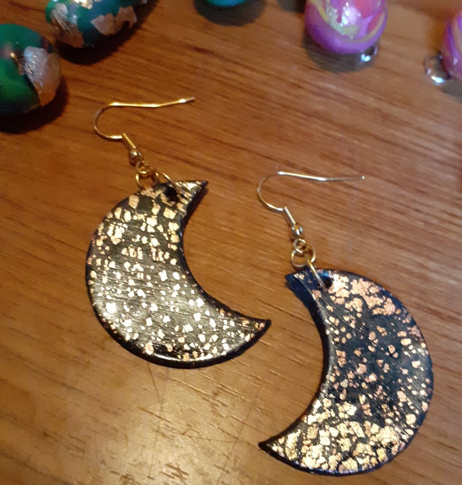 Black and Gold Moon Earrings 