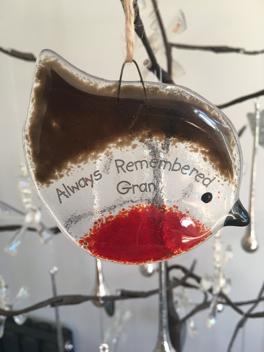 Handmade Fused Glass "Always Remembered Gran" Robin Christmas Decoration