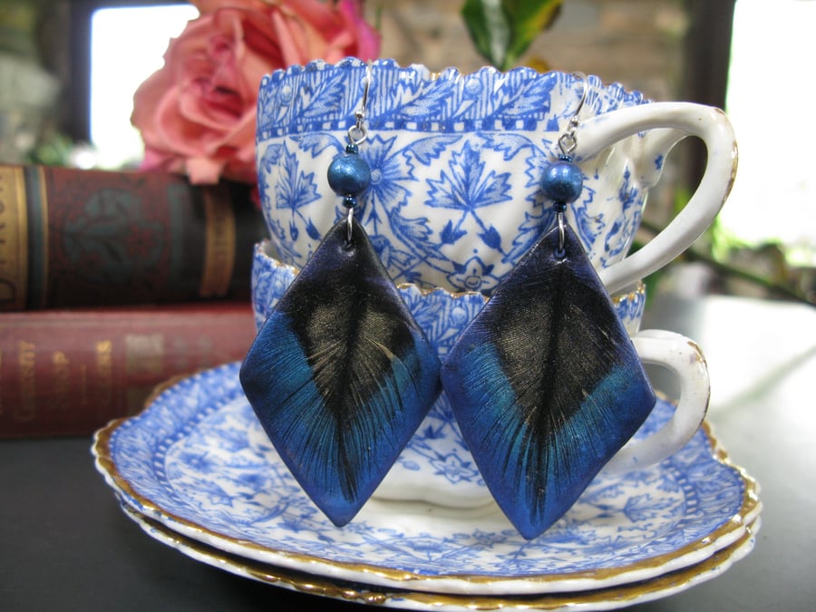 Peacock Blue & Gold Feather Earrings, Diamond Clay Drops, Dark Boho