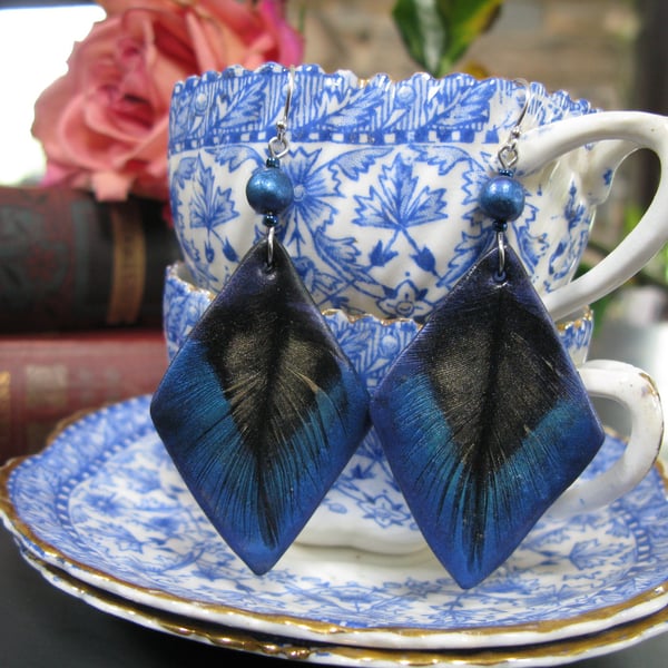 Peacock Blue & Gold Feather Earrings, Diamond Clay Drops, Dark Boho