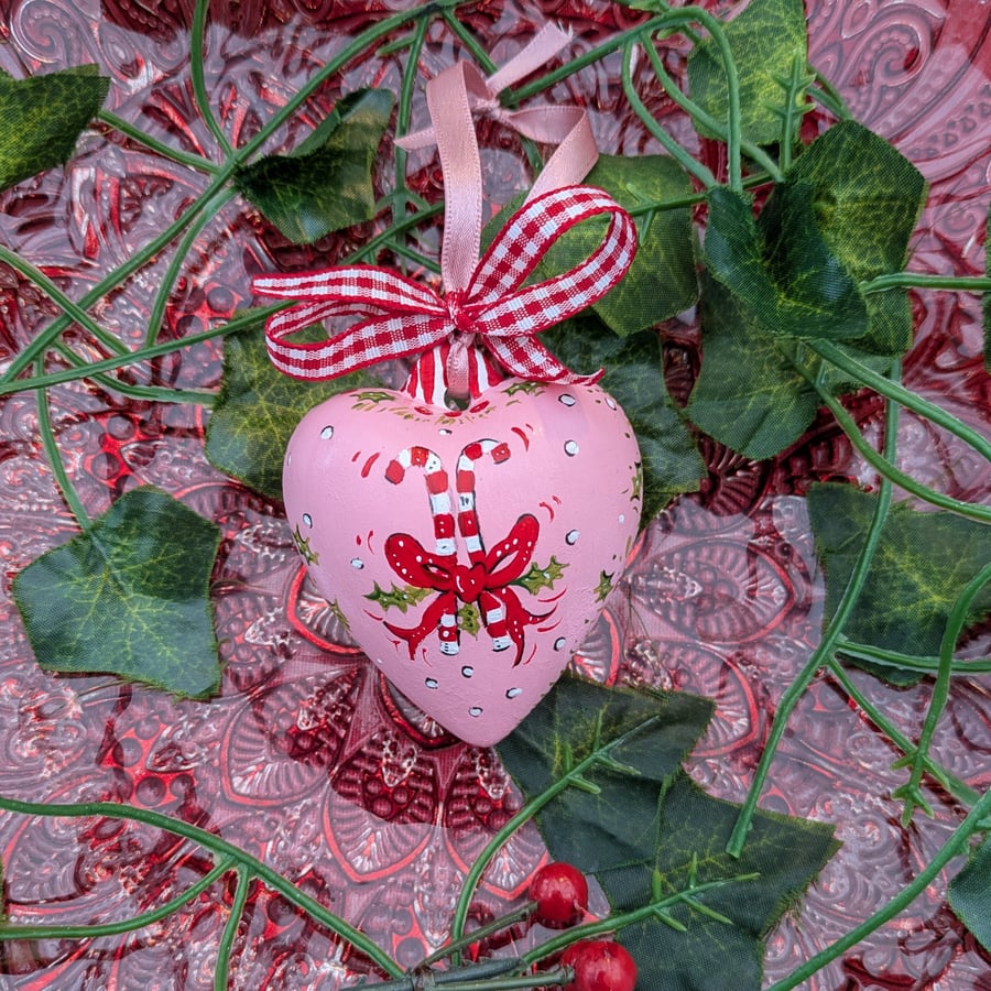 Image of Candy cane ceramic Christmas heart bauble