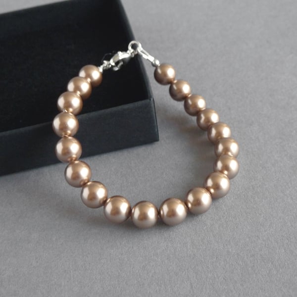 Single Strand Bronze Pearl Bracelet - Brown Wedding Jewellery - Soft Gold Brides