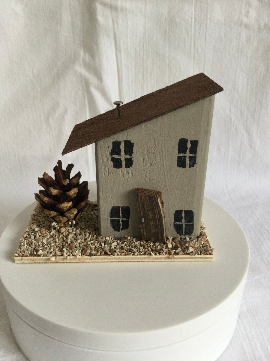 Handmade small wooden house ornament. Handmade wooden gift. Hand-painted wooden 