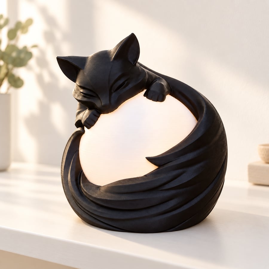 Black Cat Moon Lamp, 3D Printed Sleeping Cat Night Light, Cute Cat Lover Gift 