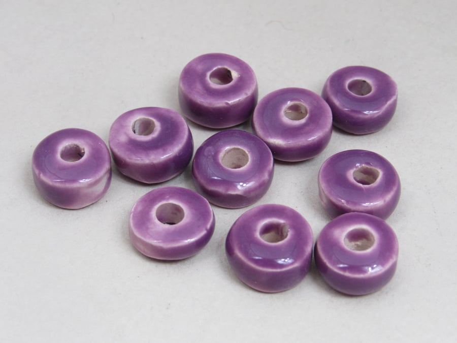 10 Small Lilac Purple Glazed Ceramic Washer Beads