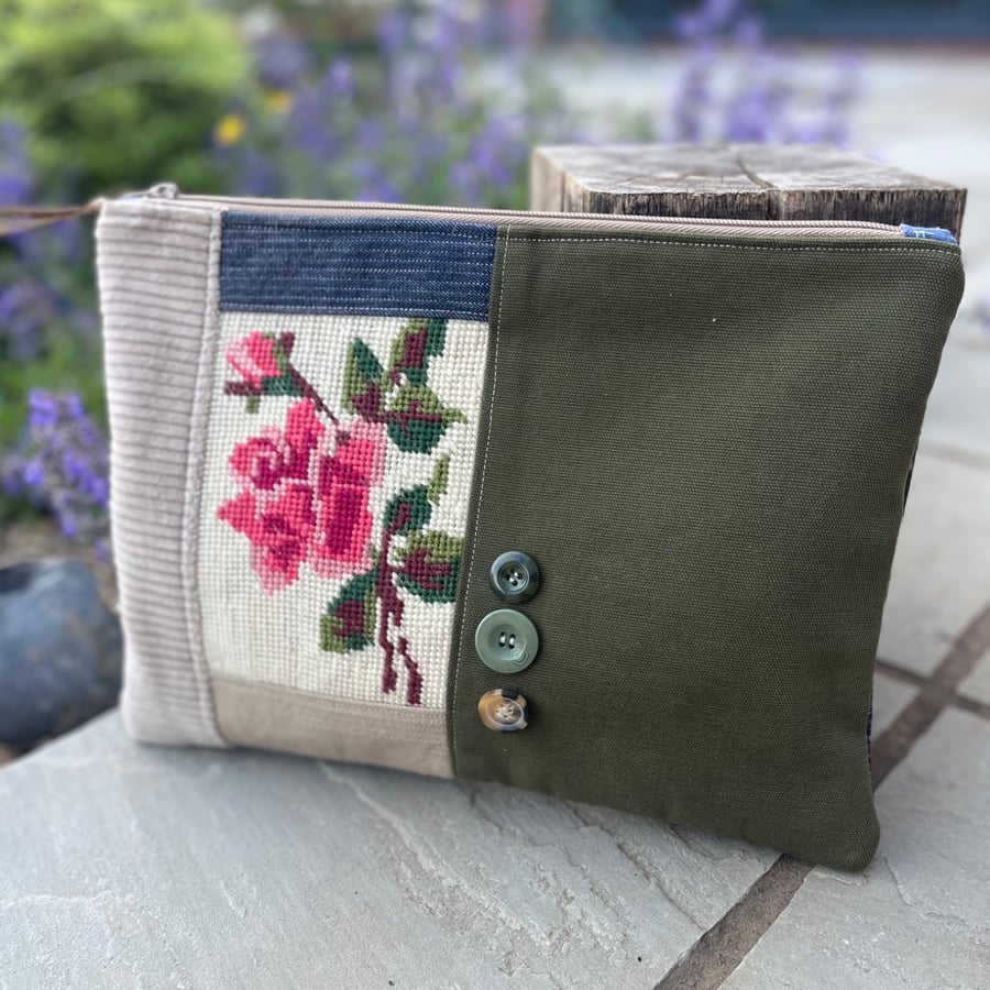 Repurposed Rose tapestry corduroy and denim large soft pouch