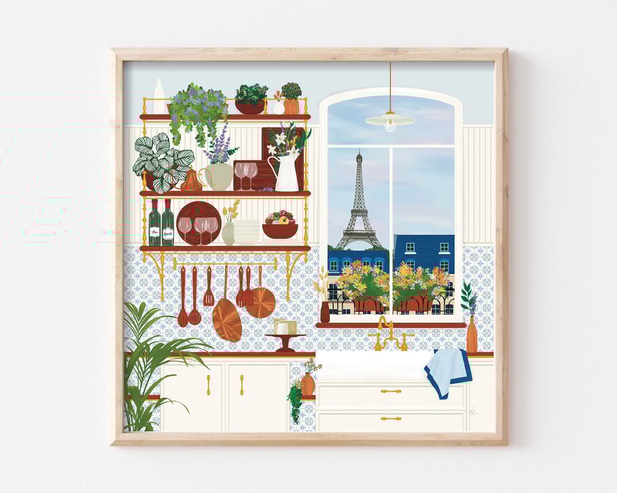 Paris Kitchen with view of Eiffel Tower Art Print