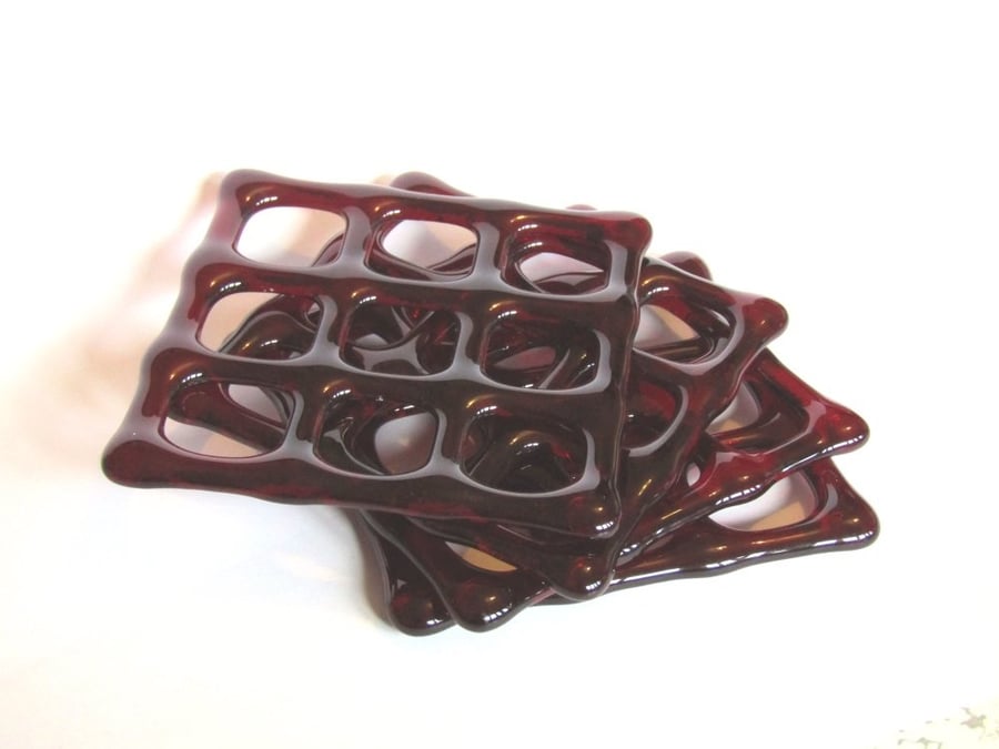 Set of 4 Coasters - Dark Red Organic Waffles - Fused Glass