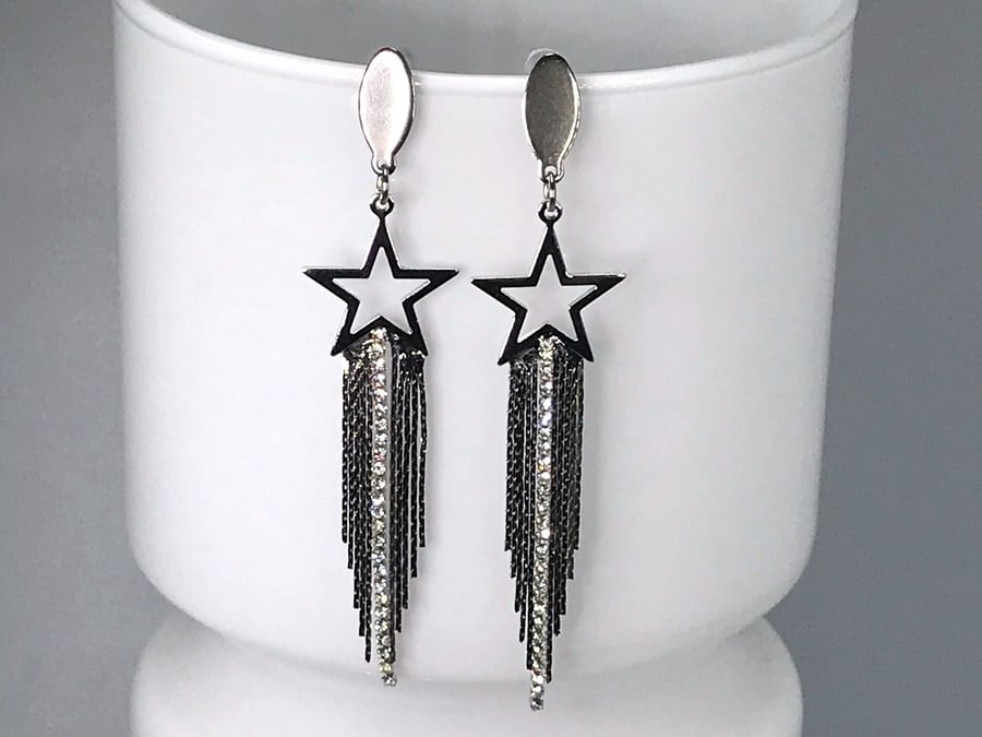 DIAMENTE STAR EARRINGS retro chain tassel fringe disco cool silver earrings