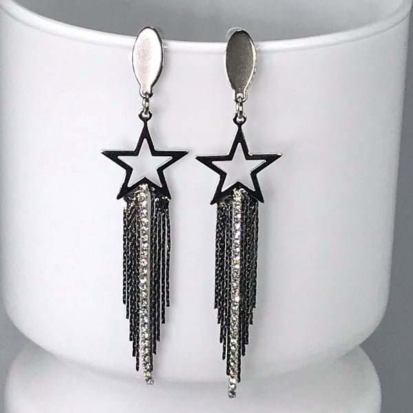 DIAMENTE STAR EARRINGS retro chain tassel fringe disco cool silver earrings