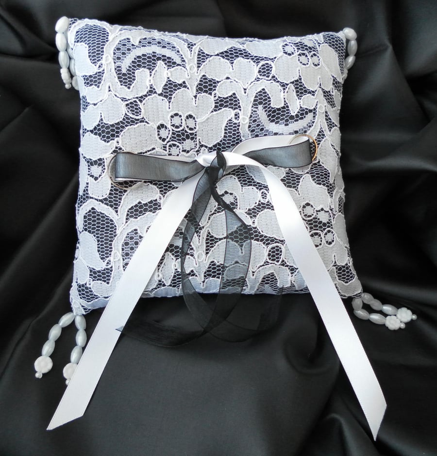 Wedding Ring Bearer Pillow, Cushion, White Lace over Black