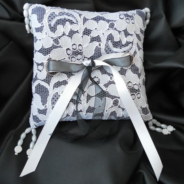 Wedding Ring Bearer Pillow, Cushion, White Lace over Black