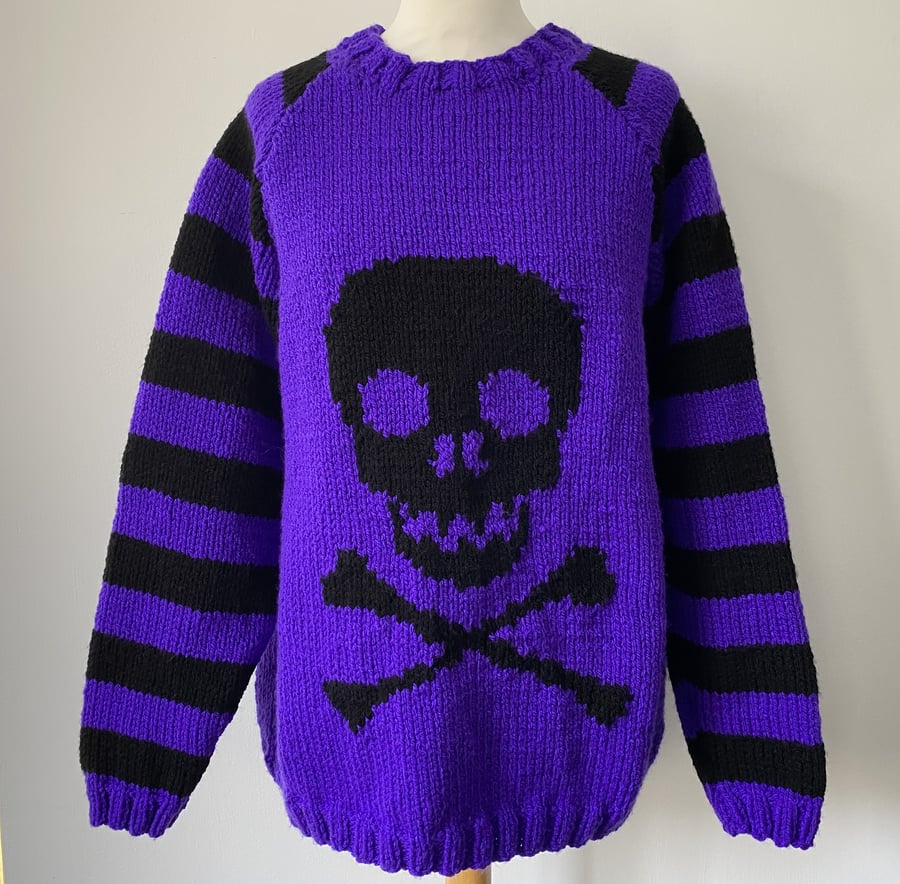 Purple Skull N Crossbones Striped Sleeves Hand Knitted
