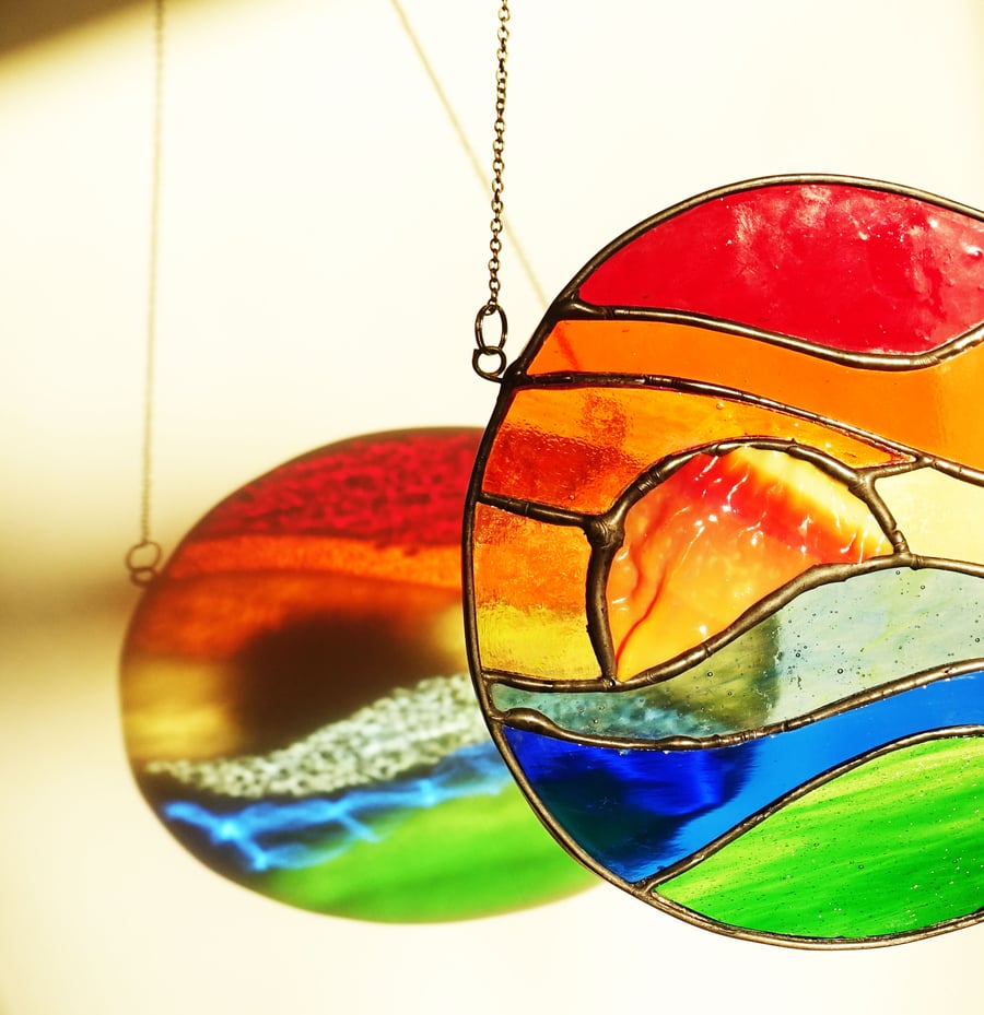 Cornish Sunset Stained Glass Roundel Hanging Ornament with Gold White Gift Box