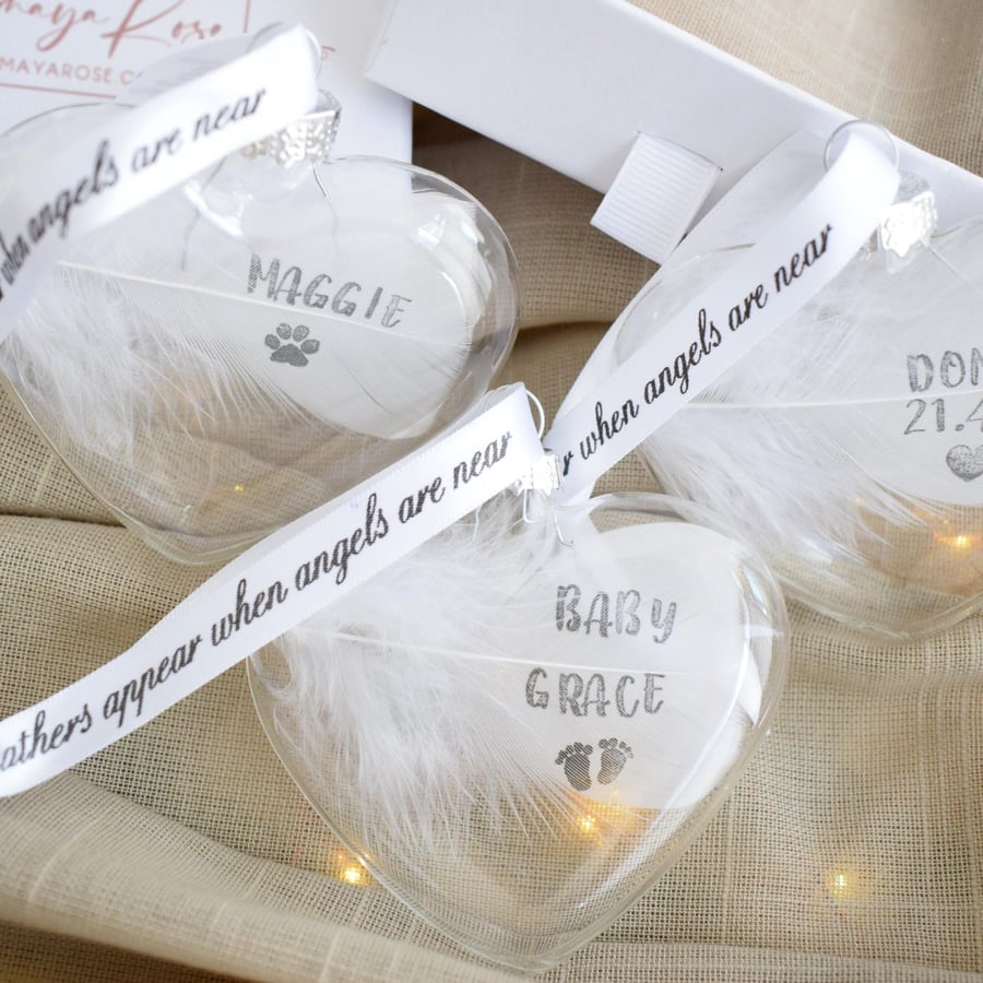 Image of Gift Boxed Feather Memorial Bauble. Personalised Feather Glass Heart Christmas