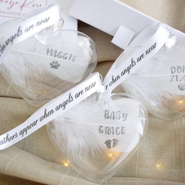 Gift Boxed Feather Memorial Bauble. Personalised Feather Glass Heart Christmas