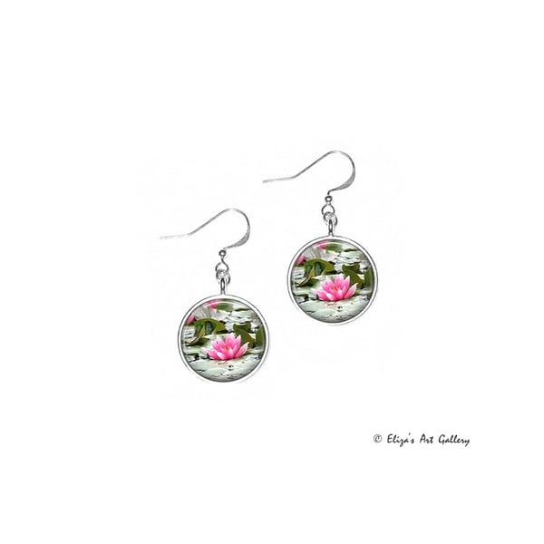 Silver Plated Waterlily Flower Glass Cabochon Earrings