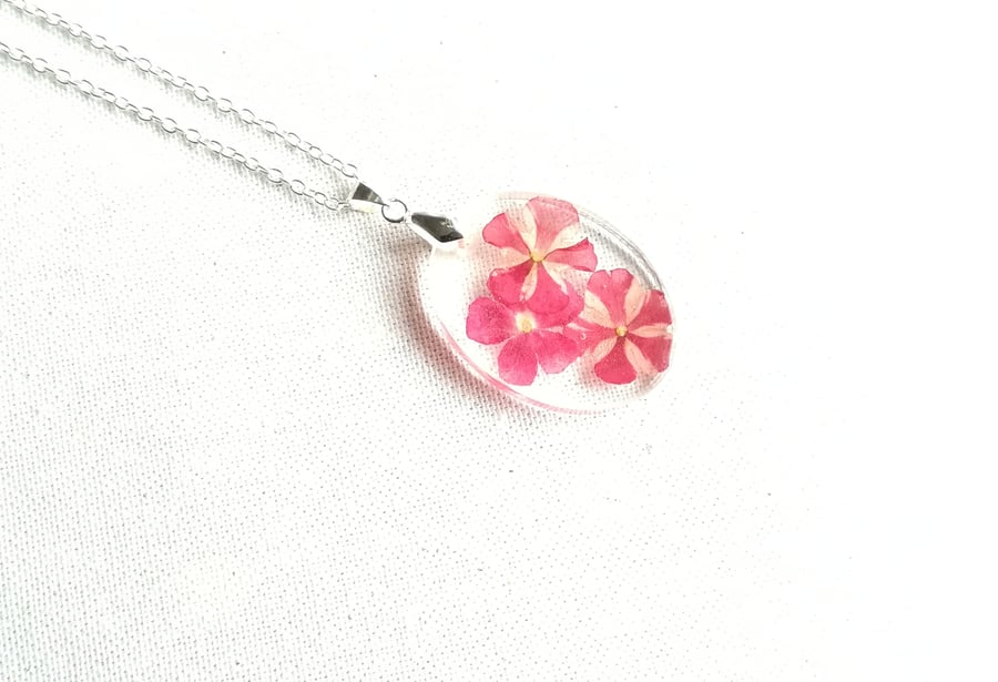Real flowers necklace, Three pink flowers in resin pendant, Botanical jewellery