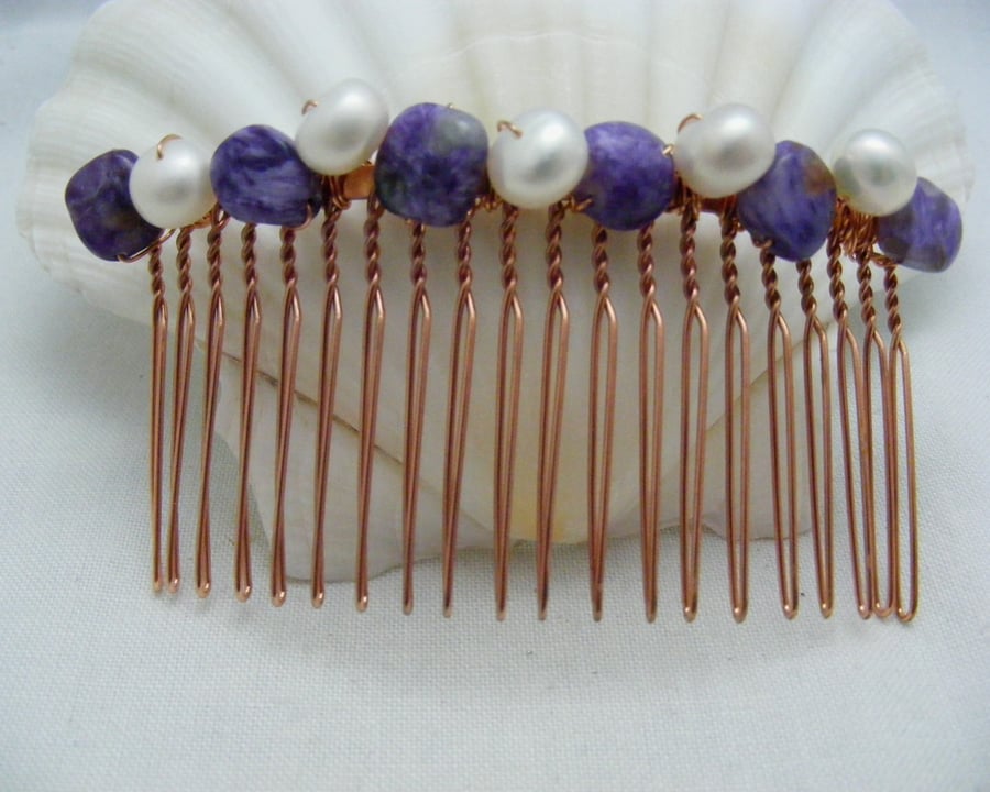 Charoite and Freshwater Pearl Gemstone Hair Comb