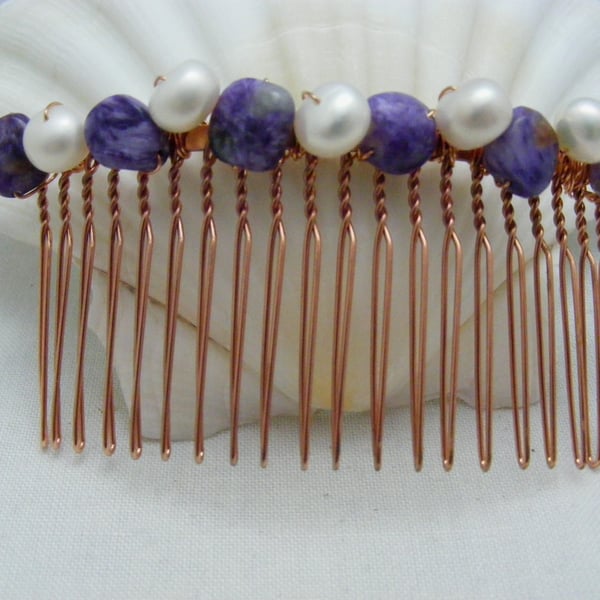 Charoite and Freshwater Pearl Gemstone Hair Comb