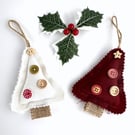Pair of Mini Christmas Tree Decorations in Ivory and Crimson Red