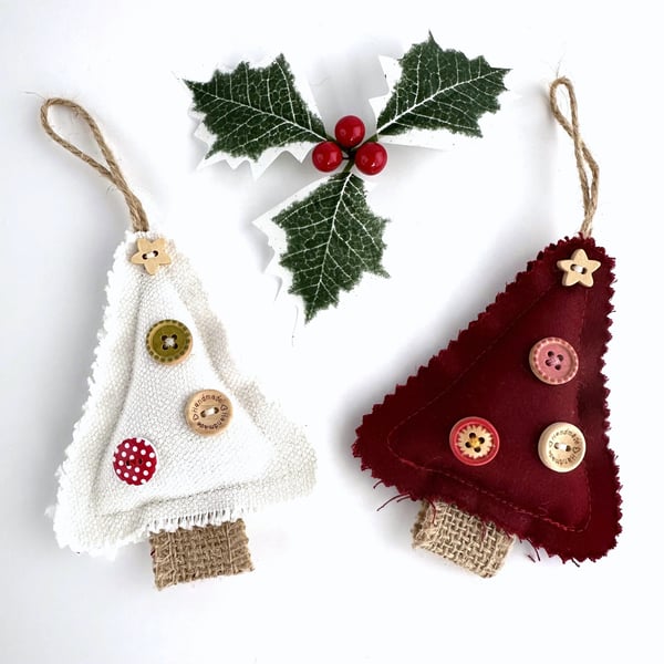 Pair of Mini Christmas Tree Decorations in Ivory and Crimson Red