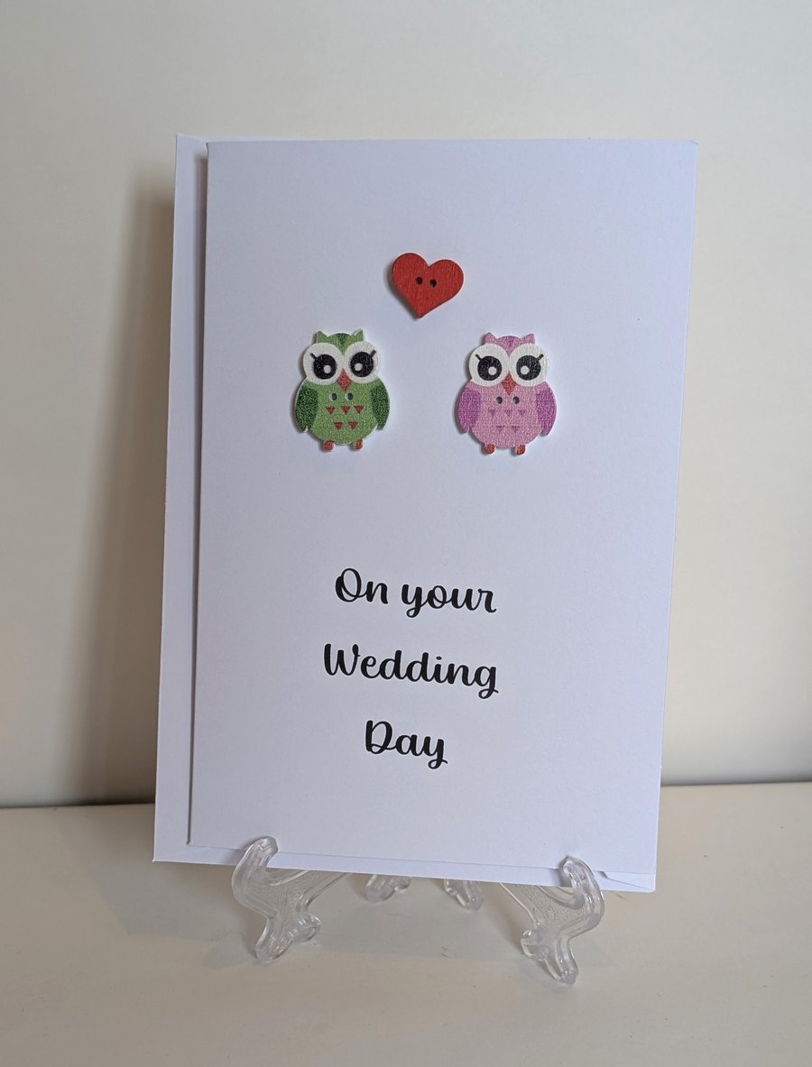 Greetings card on your wedding day with owl buttons