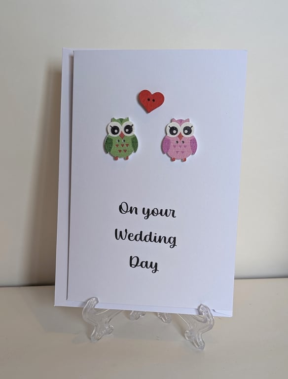 Greetings card on your wedding day with owl buttons