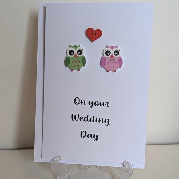Greetings card on your wedding day with owl buttons