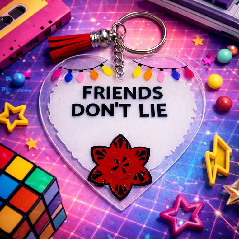 Stranger Things Keyring – Friends Don’t Lie Acrylic Heart 80s Fan Gift