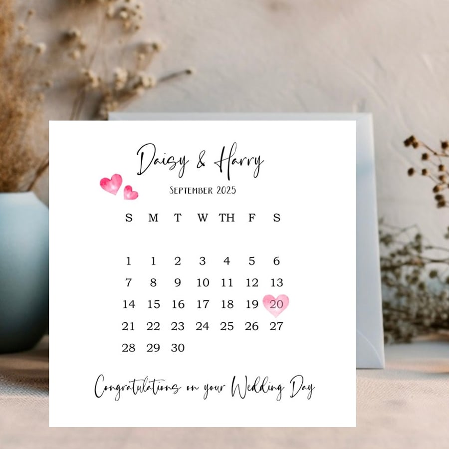 Calendar card - Wedding Day Card personalised for the happy couple