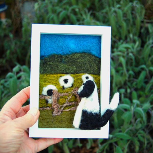  Needle felt picture - Border Collie watching  sheep .  