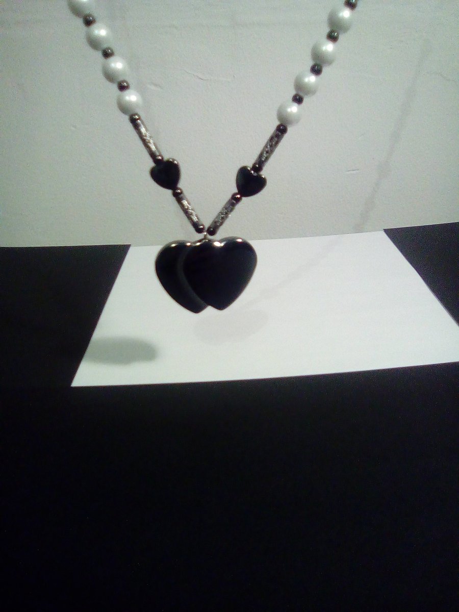 White Beaded Necklace Heart Pendant