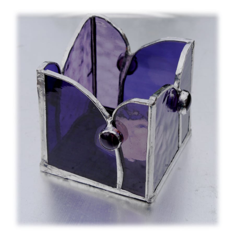 Candle Holder Box Stained Glass Handmade Purple Votive Card 