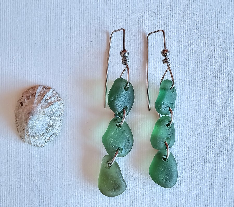 Linked green seaglass earrings 