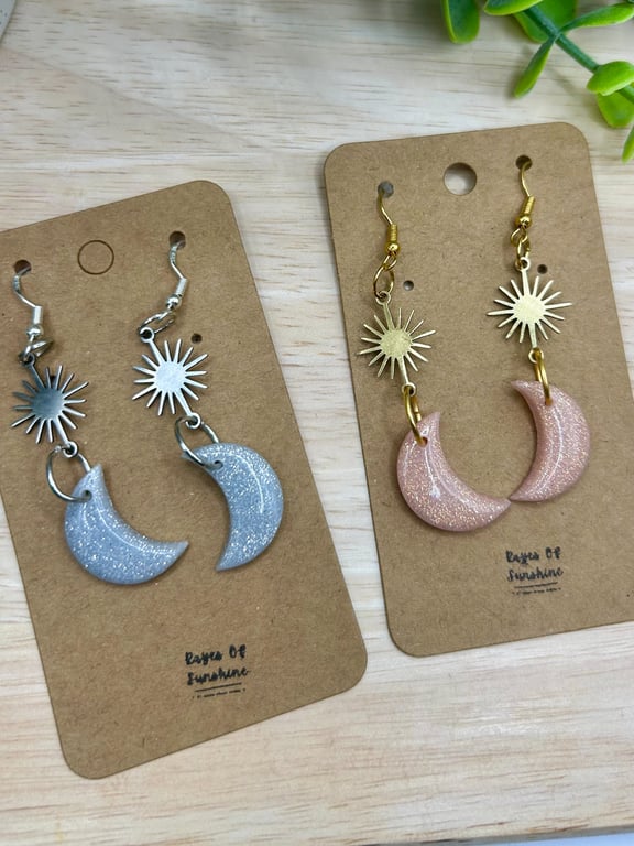 Glitter Moon and Sun Earrings, Silver or Pink, Handmade Polymer Clay