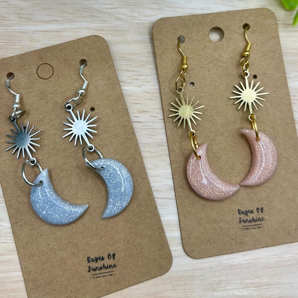 Glitter Moon and Sun Earrings, Silver or Pink, Handmade Polymer Clay