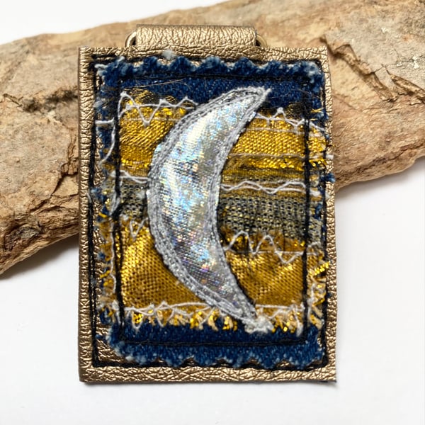 Up-cycled golden denim crescent moon key ring or bag charm.