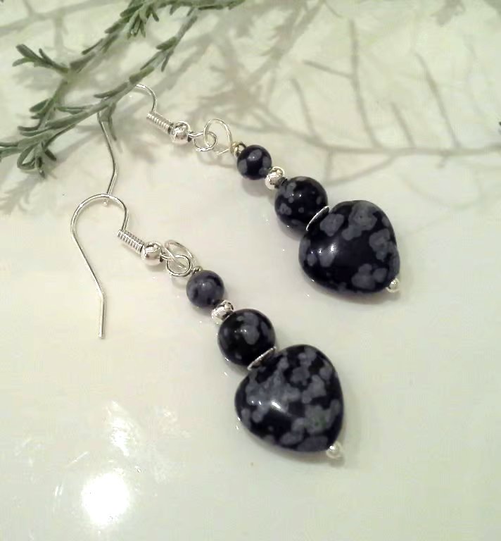 Puffy Heart Cut Snowflake Obsidian Earrings Silver Plate