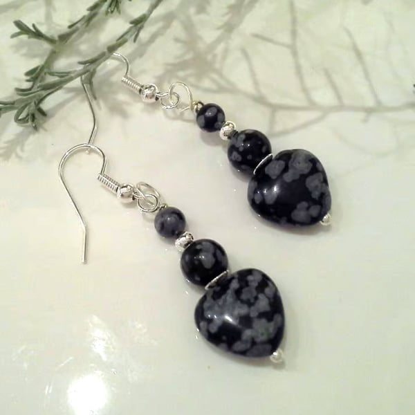 Puffy Heart Cut Snowflake Obsidian Earrings Silver Plate