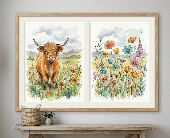 Set of 2 Highland Cow Prints – A4 Rustic Scotland Farmhouse Wall Art