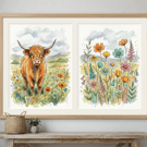 Set of 2 Highland Cow Prints – A4 Rustic Scotland Farmhouse Wall Art