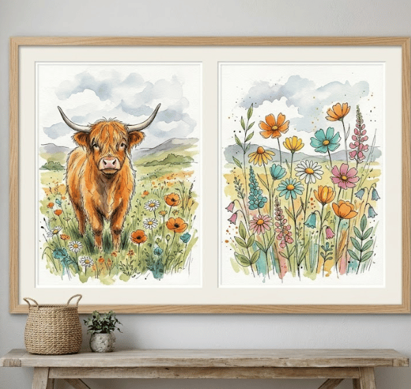 Set of 2 Highland Cow Prints – A4 Rustic Scotland Farmhouse Wall Art
