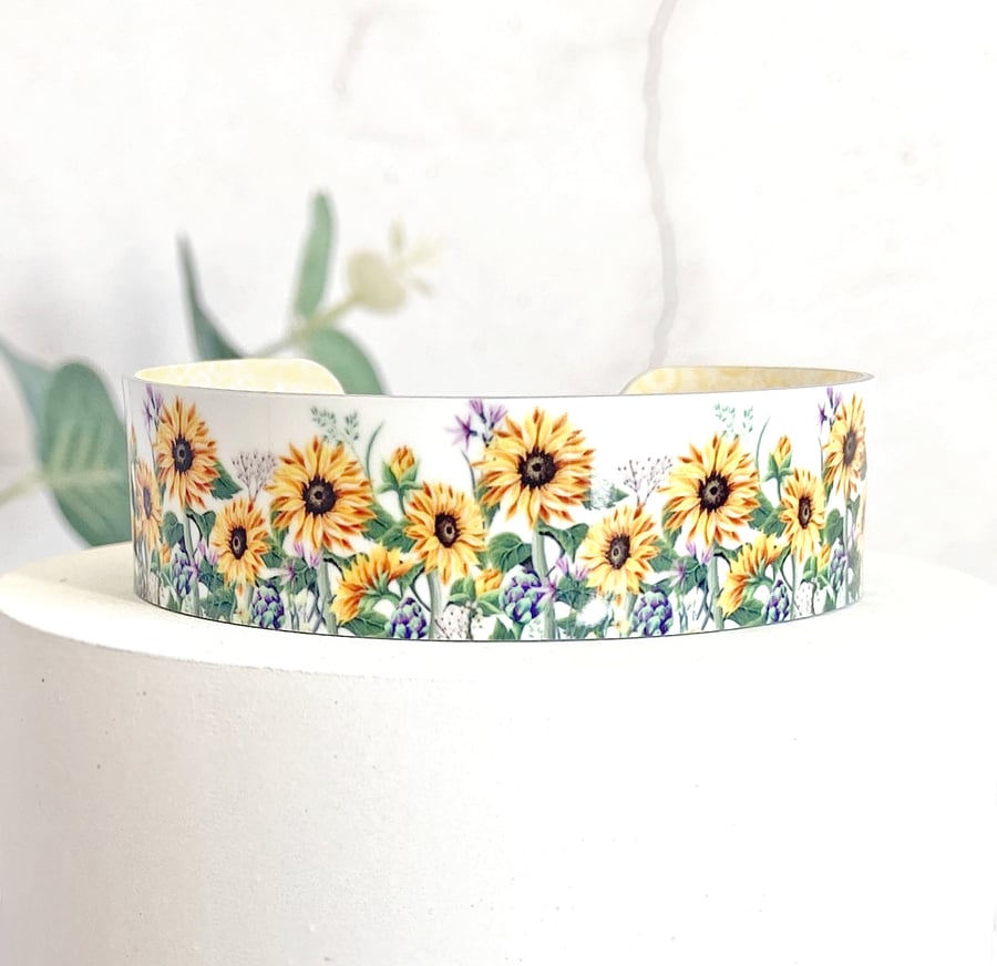 Sunflower cuff bracelet, yellow floral design. Personalised gifts. (719)